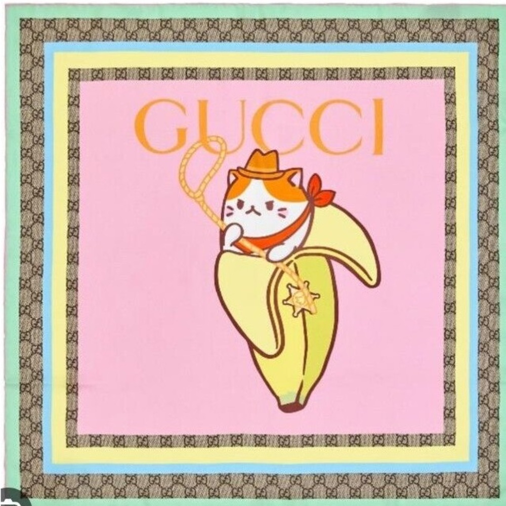 Gucci Pink and Yellow Bananya Cowboy Cat Silk Scarf